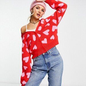 Monki Cardigan in Red With Heart Shapes